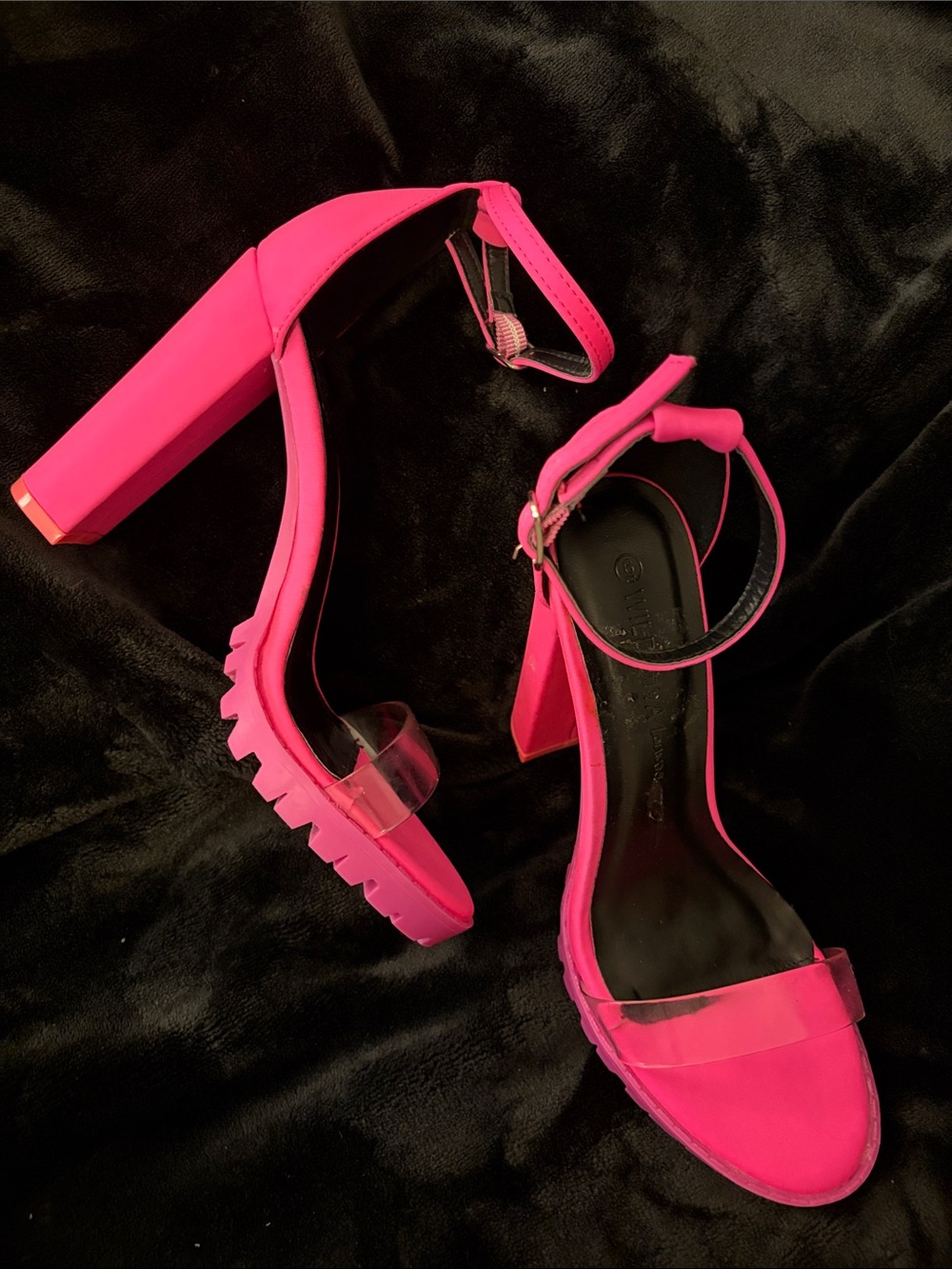 Wild Diva Neon Pink Block Heel Sandals with Clear Strap